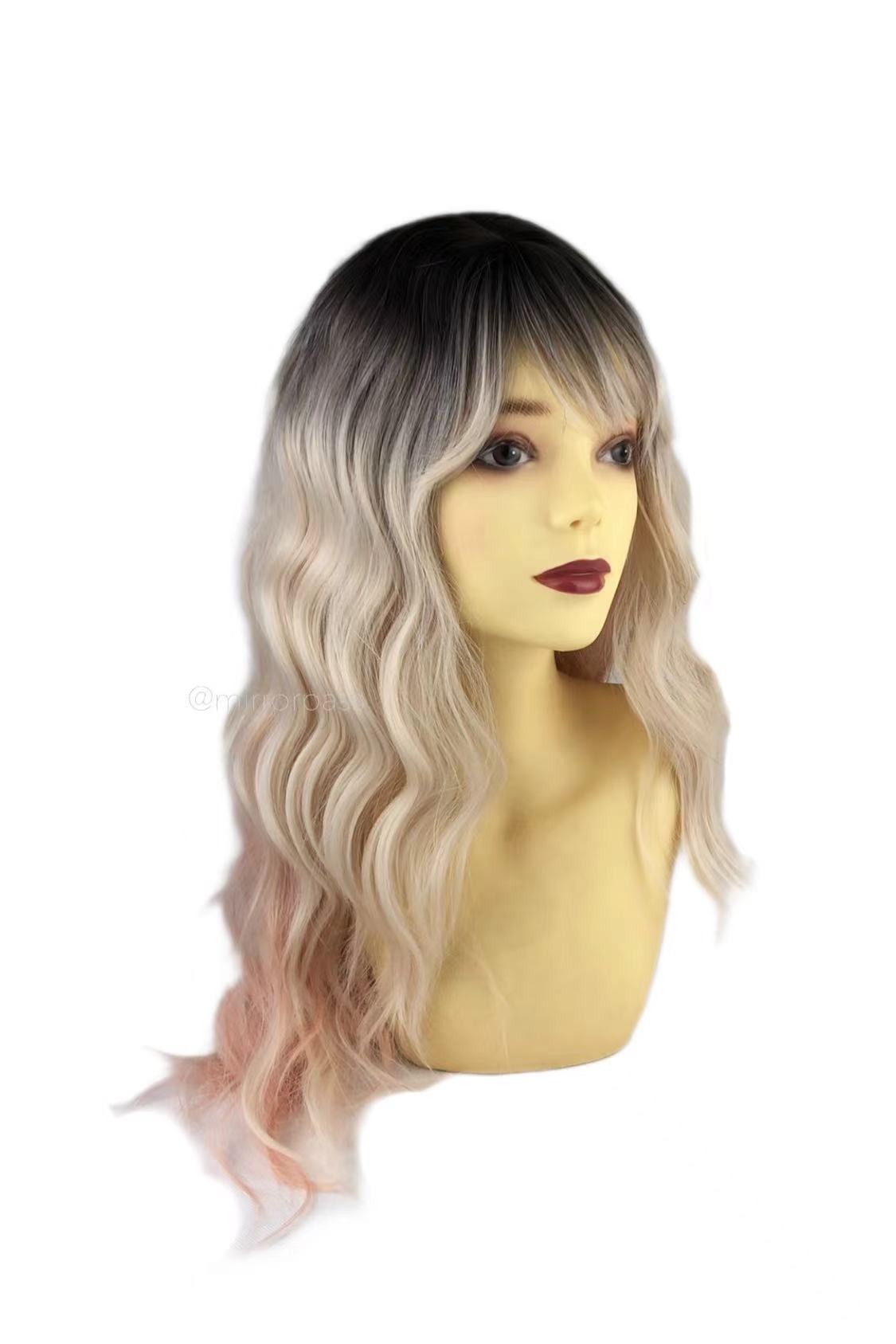 26-Inch Long Wavy Bob Wig with Black Roots and Pink Ends