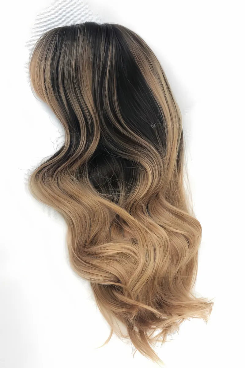 Long Curly Wig with Soft Caramel and Dark Roots